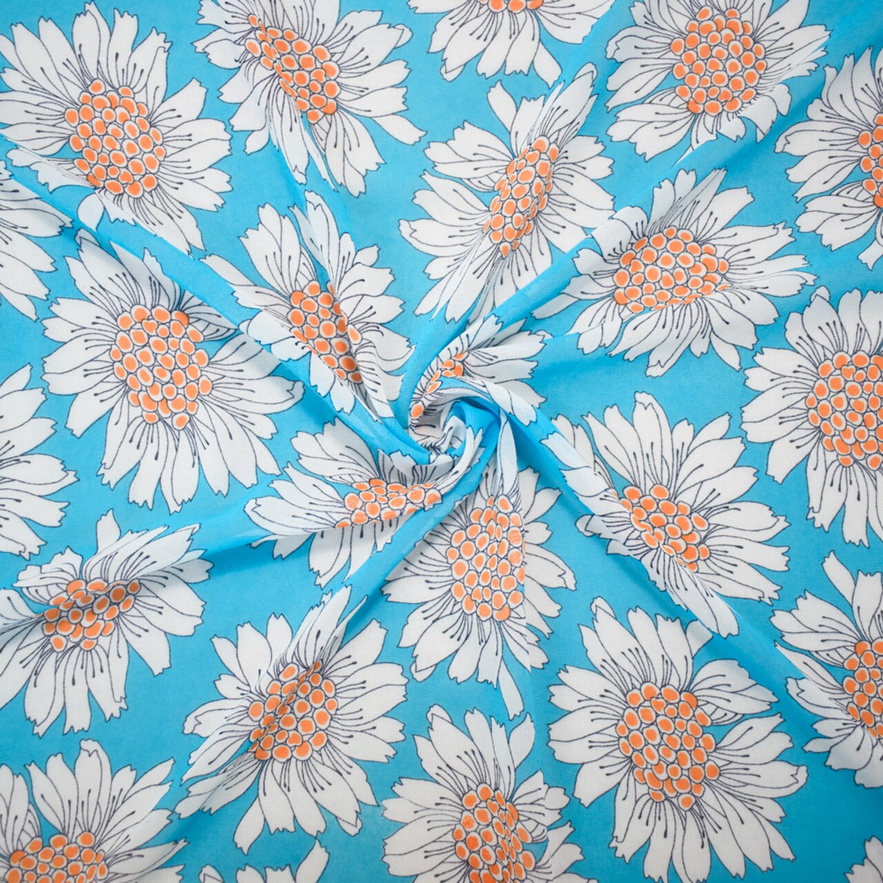 Blue-White-Multi Poly Floral Printed Chiffon Woven Fabric By the Yard